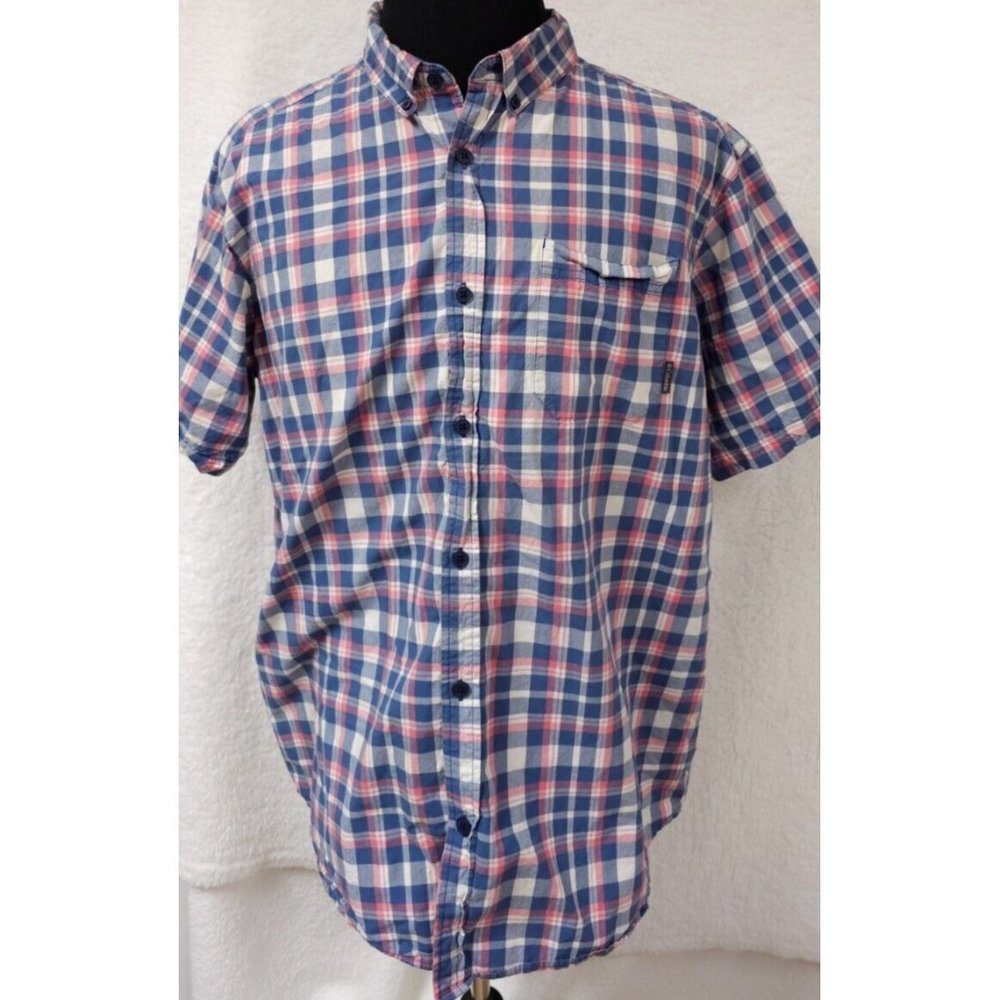Columbia Mens XL Blue Pink Plaid Short sleeve Button Up Cotton Logo Shirt